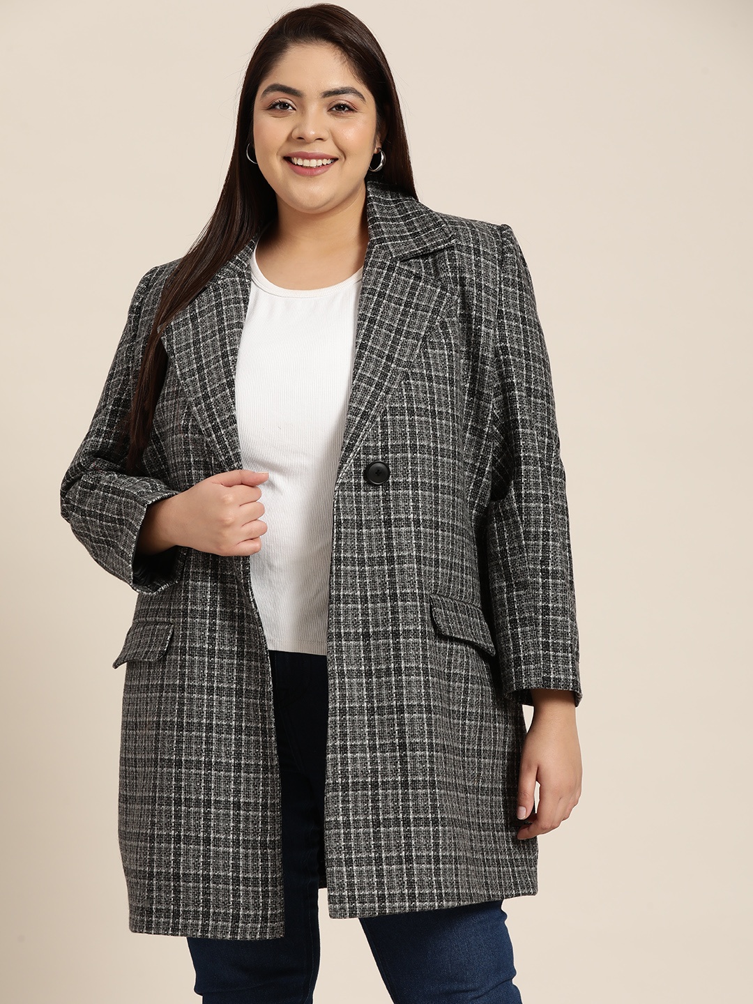 

Sztori Women Plus Size Black & Grey Melange Self-Checked Double-Breasted Longline Coat