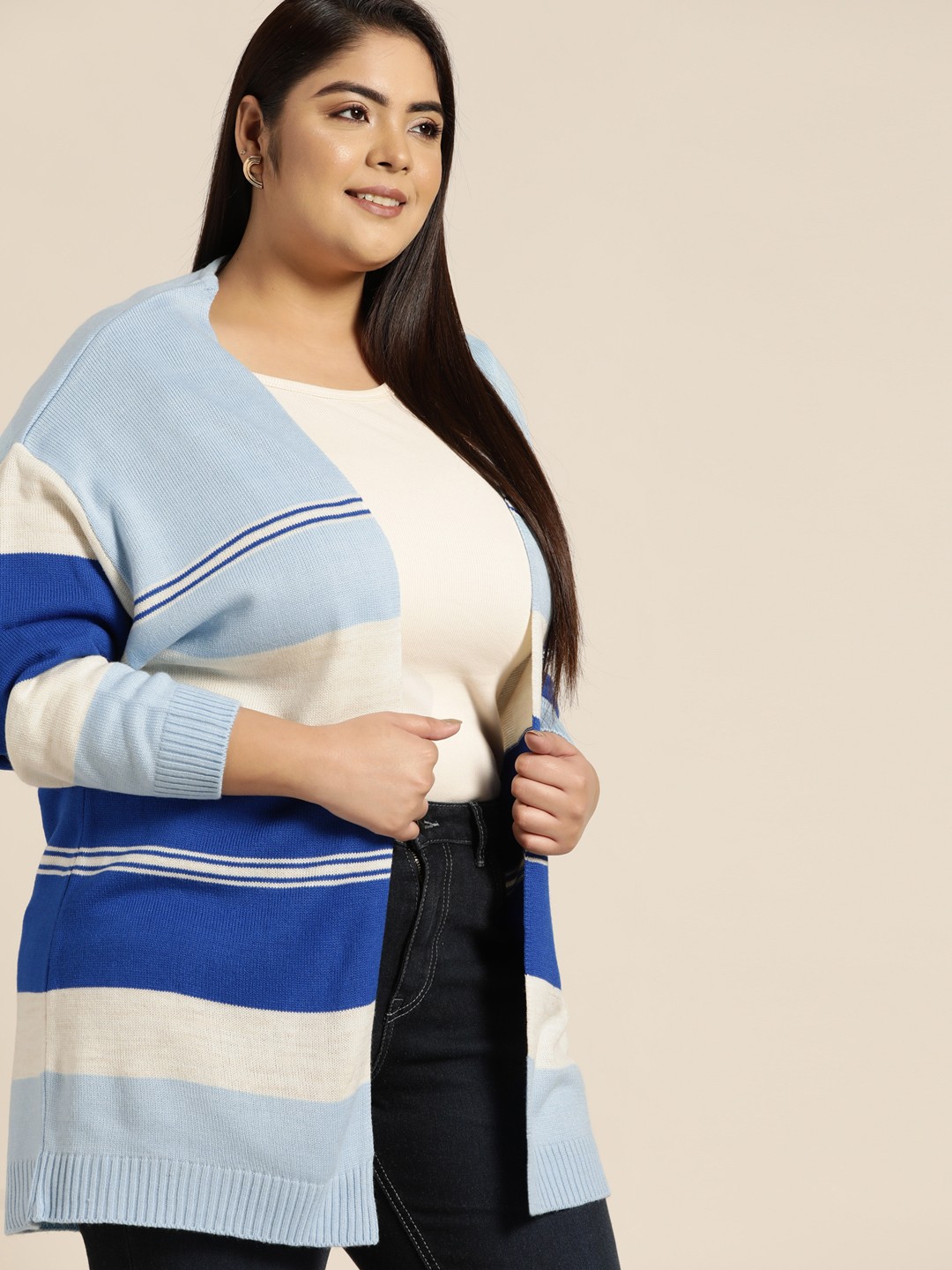 

Sztori Women Plus Size Striped Cardigan, Blue