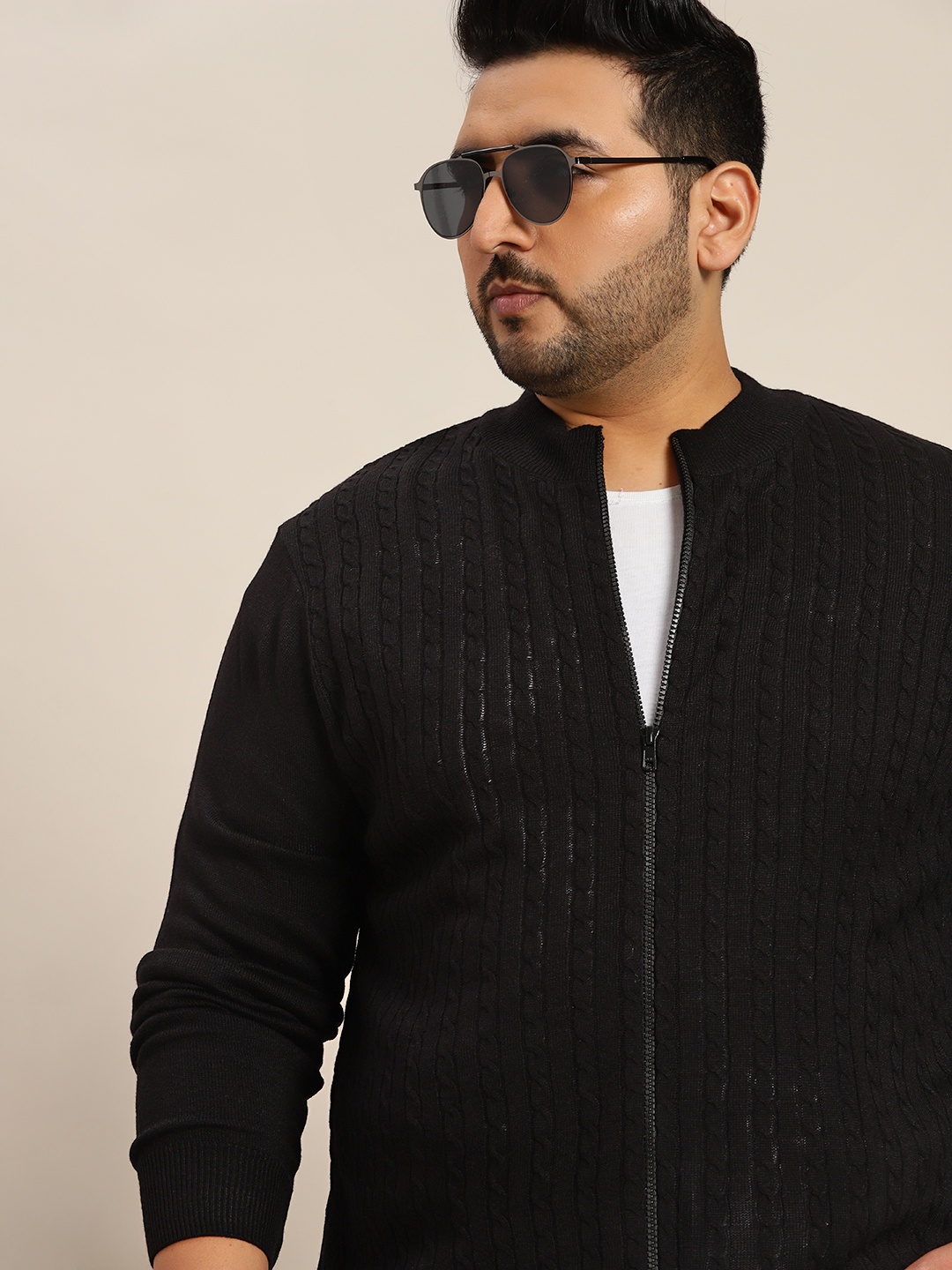 

Sztori Men Plus Size Black Self Design Zipper Cardigan