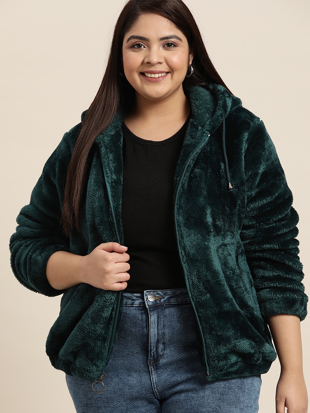 

Sztori Women Plus Size Green Solid Faux Fur Hooded Tailored Jacket