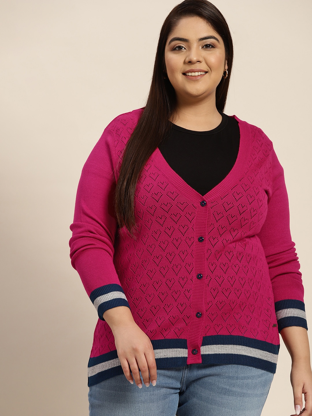 

Sztori Women Plus Size Pink Open Knit Acrylic Cardigan