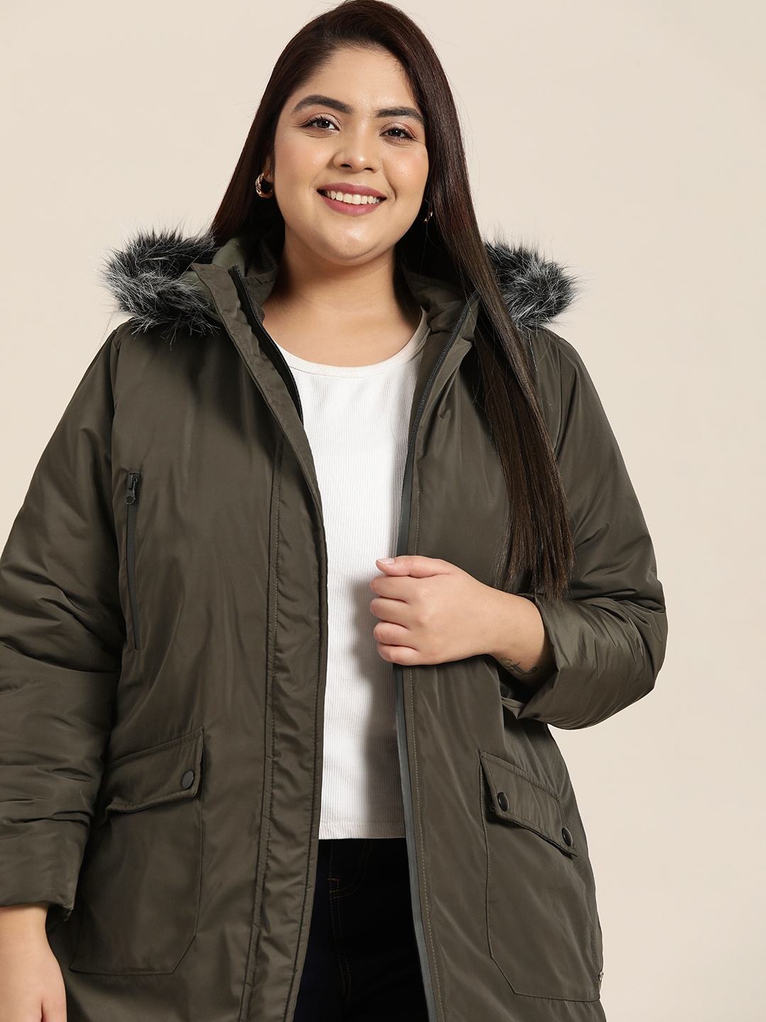 

Sztori Women Plus Size Olive Green Longline Hooded Parka Jacket