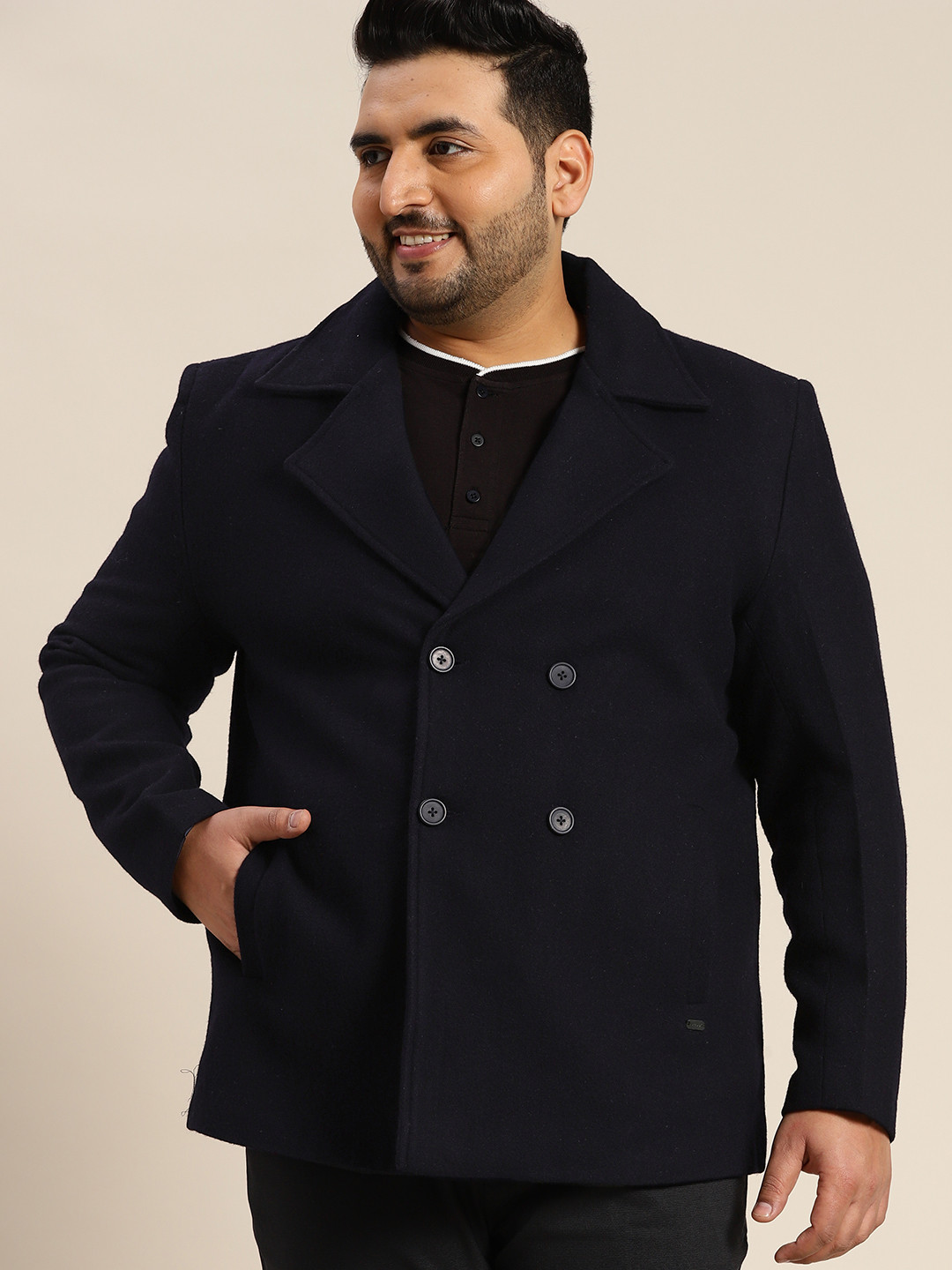 

Sztori Men Plus Size Navy Blue Solid Double-Breasted Overcoat