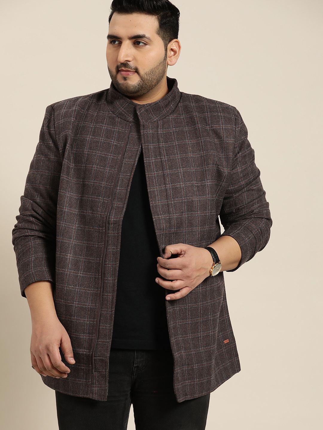 

Sztori Men Plus Size Brown Mandarin Collar Longline Coat