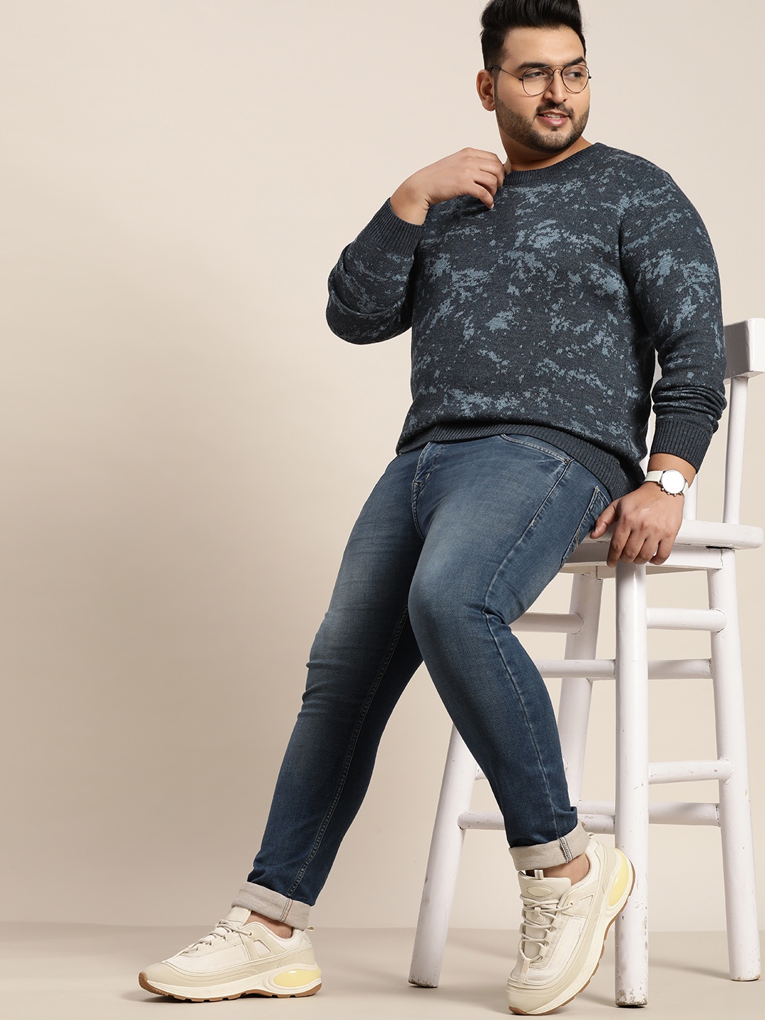 

Sztori Men Plus Size Navy Blue Camouflage Self Design Pullover