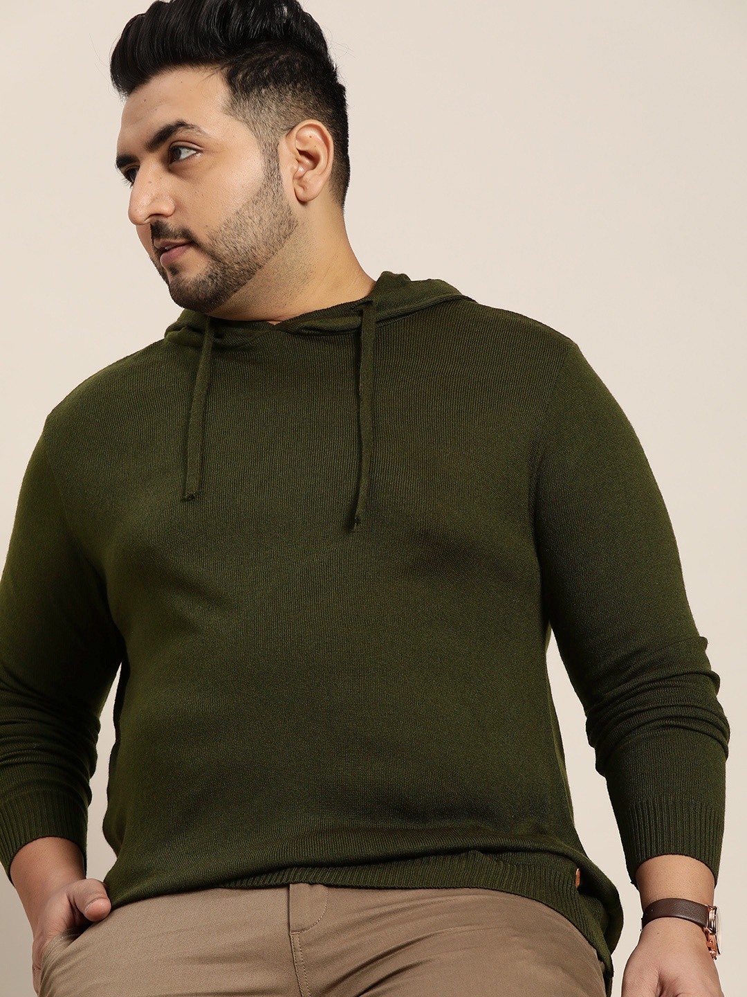 

Sztori Men Plus Size Olive Green Solid Hooded Pullover