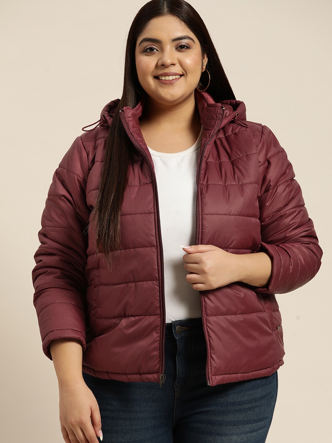 

Sztori Women Plus Size Maroon Puffer Hooded Jacket