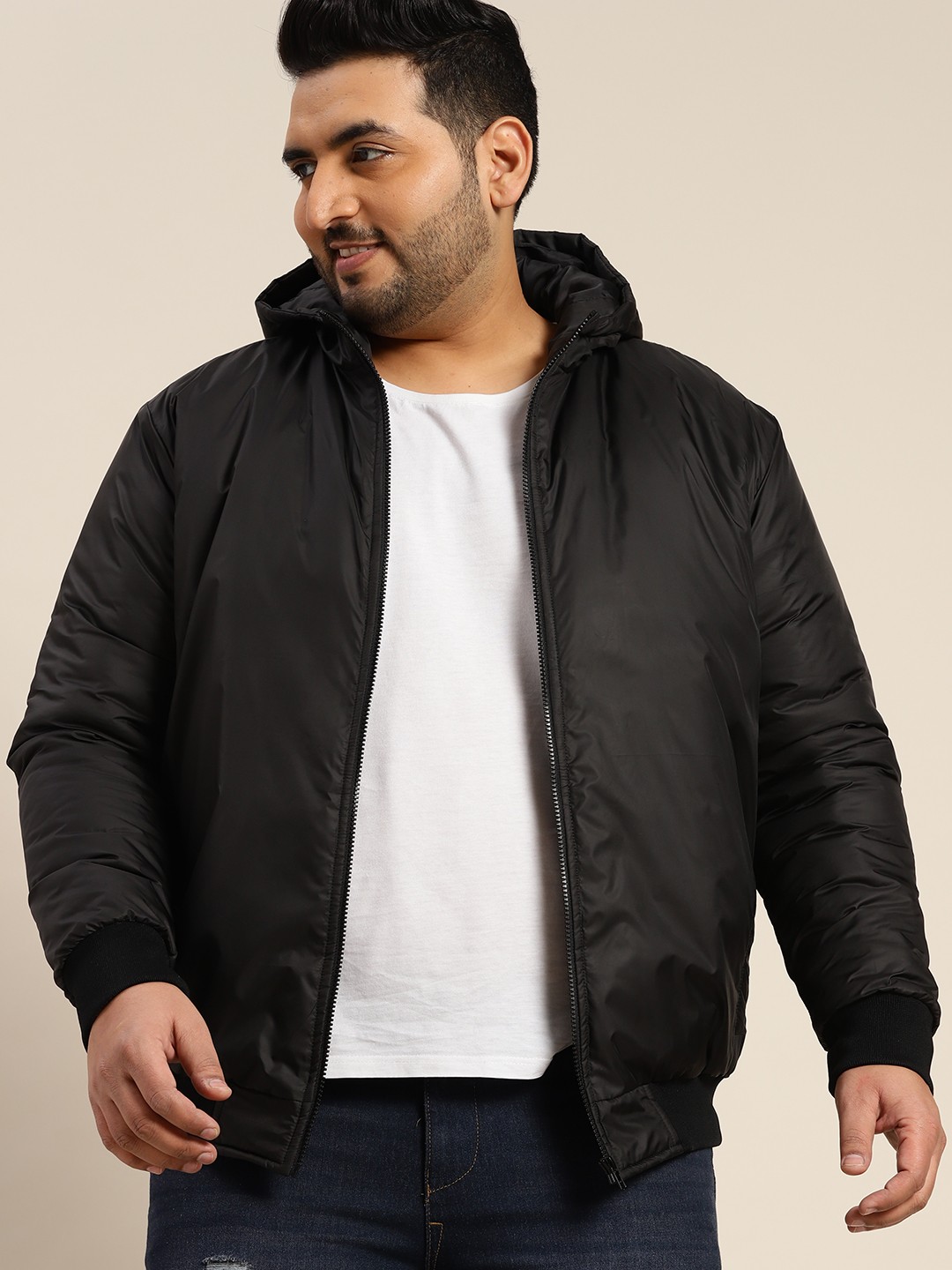 

Sztori Men Plus Size Black Solid Hooded Padded Jacket