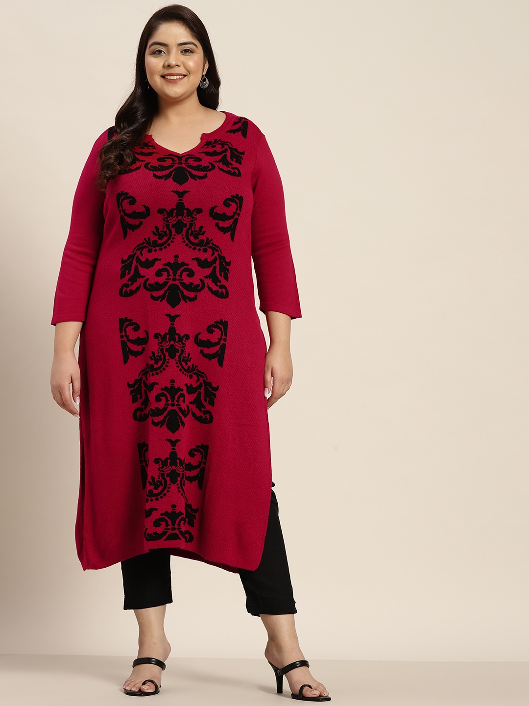 

Sztori Women Plus Size Maroon & Black Jacquard Acrylic Woven Design Winter Kurta