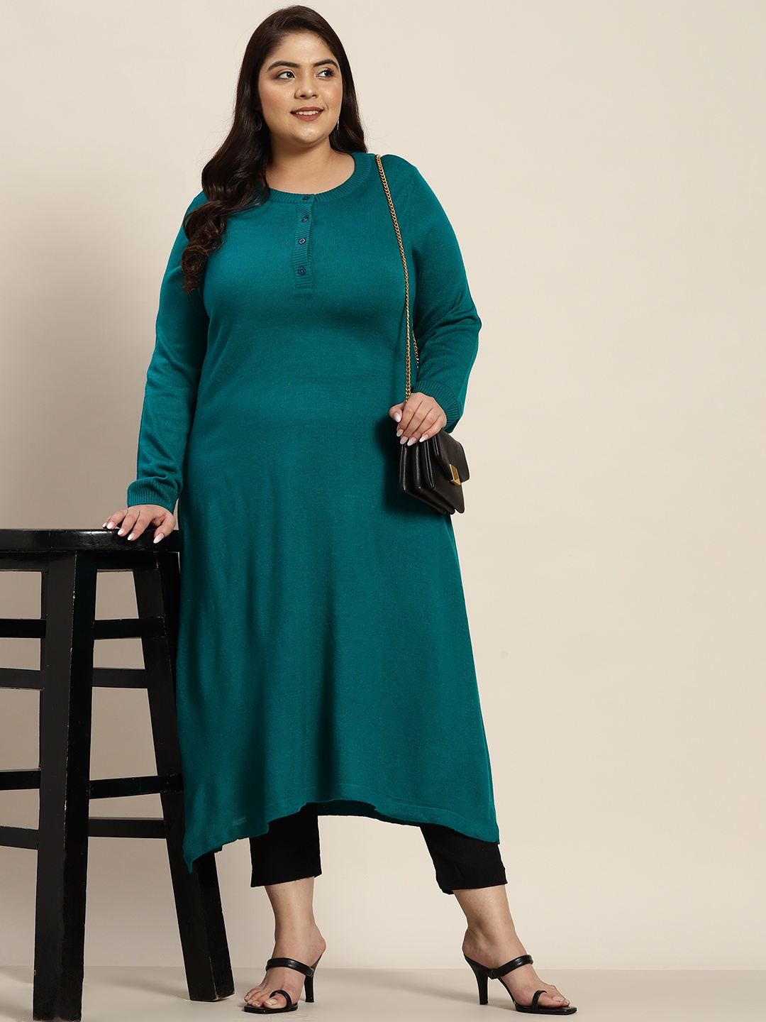 

Sztori Women Plus Size Teal Blue Solid Acrylic Winter Kurta