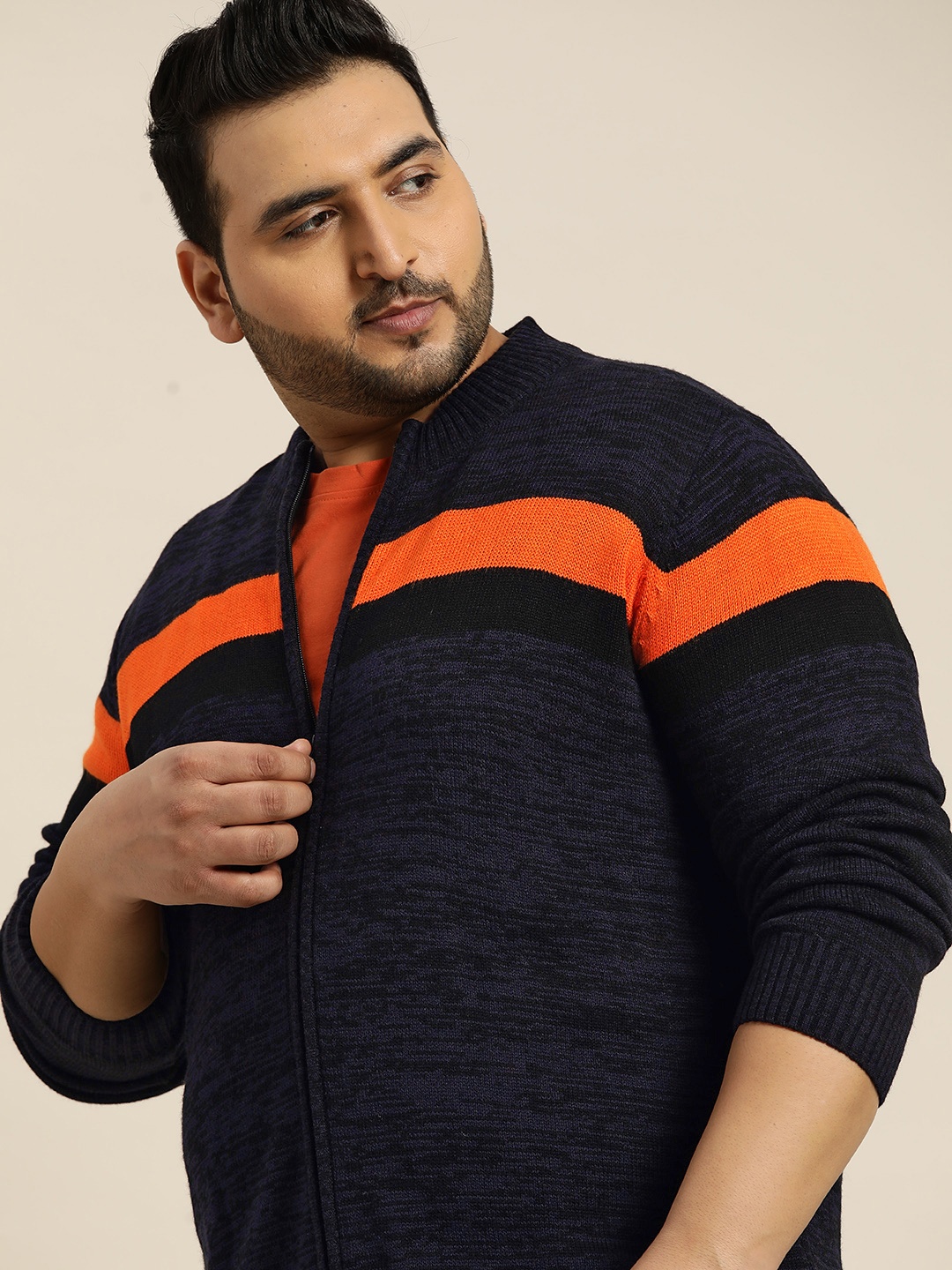 

Sztori Men Plus Size Navy Blue & Orange Striped Sweater