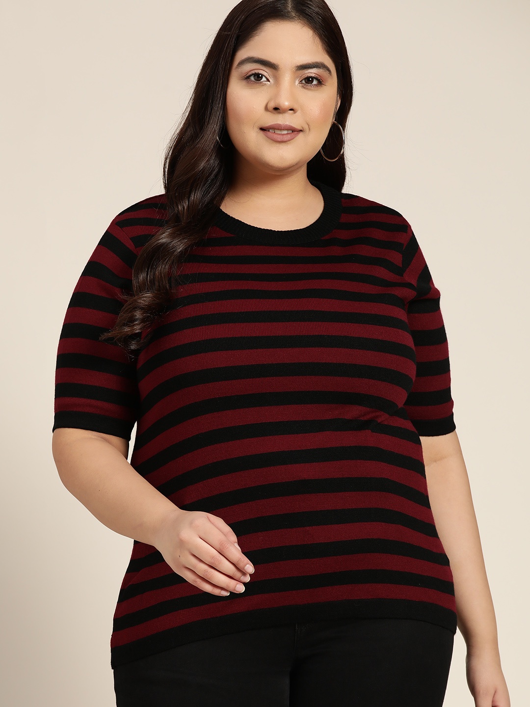 

Sztori Women Plus Size Maroon & Black Striped Top