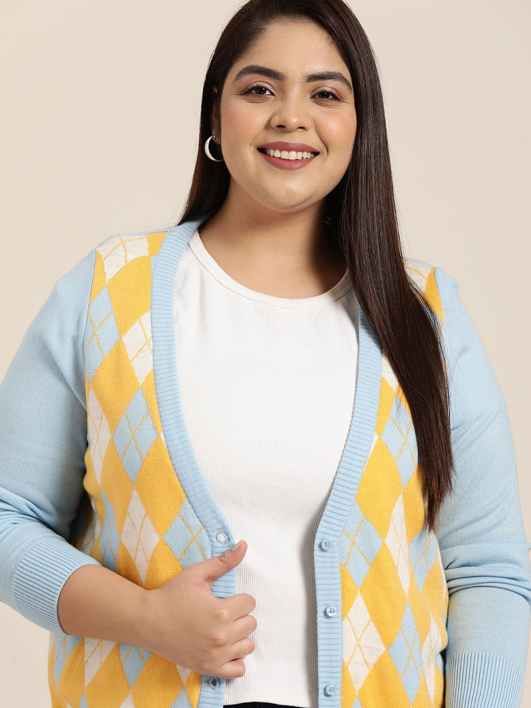 

Sztori Women Plus Size Blue & Yellow Checked Longline Cardigan