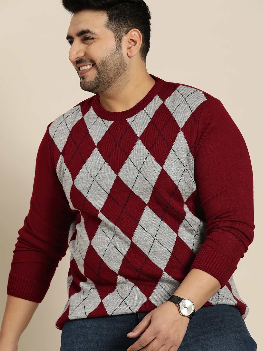 

Sztori Men Plus Size Men Maroon & Grey Melange Argyle Pullover