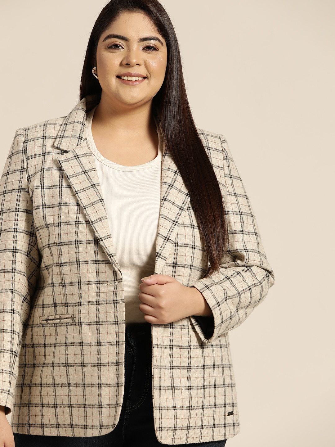 

Sztori Plus Size Women Tartan Check Single-Breasted Blazer, Beige
