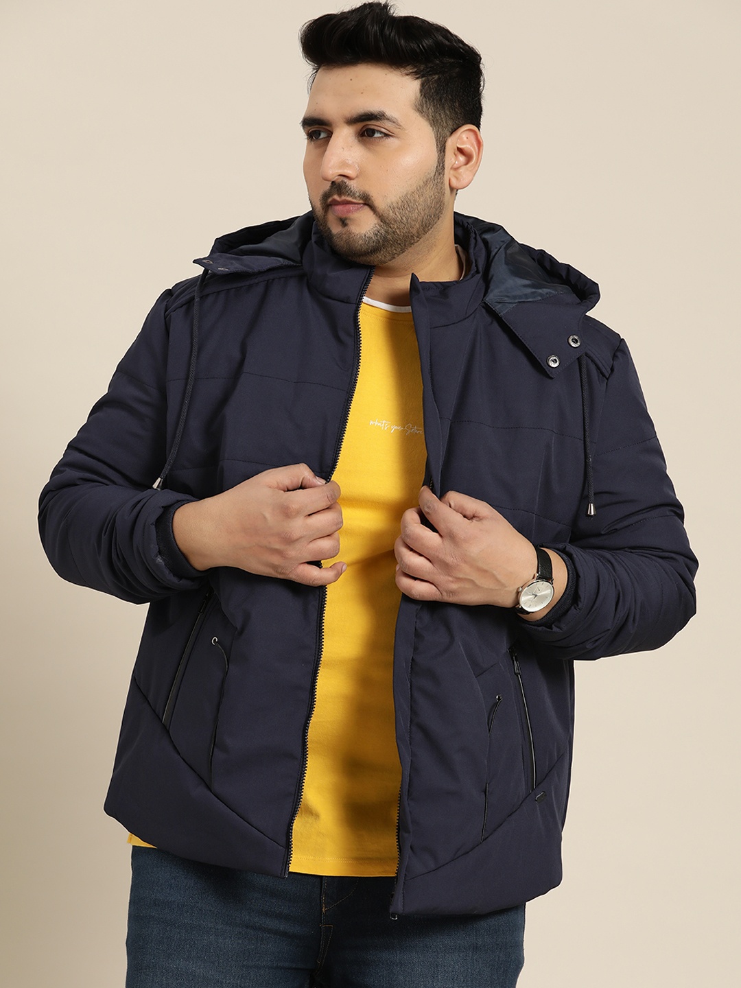 

Sztori Men Plus Size Navy Blue Solid Hooded Padded Jacket
