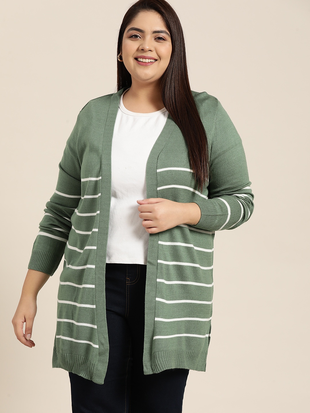 

Sztori Women Plus Size Green & White Striped Longline Front-Open Sweater