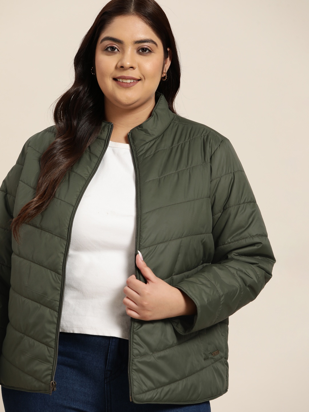 

Sztori Plus Size Women Green Solid Padded Jacket