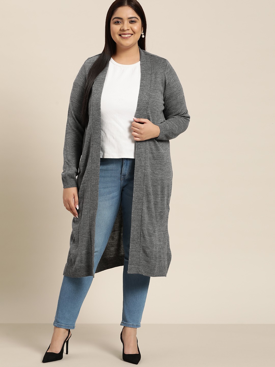 

Sztori Women Plus Size Grey Melange Solid Longline Shrug