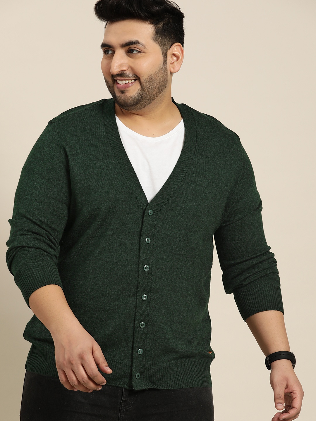 

Sztori Men Plus Size Green Solid Cardigan