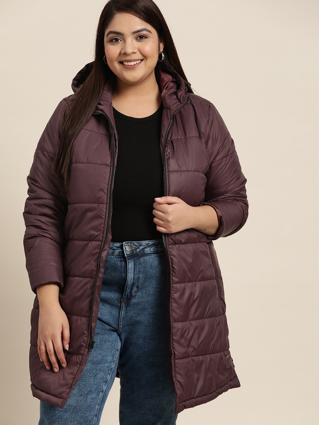 

Sztori Women Plus Size Burgundy Solid Longline Padded Hooded Jacket