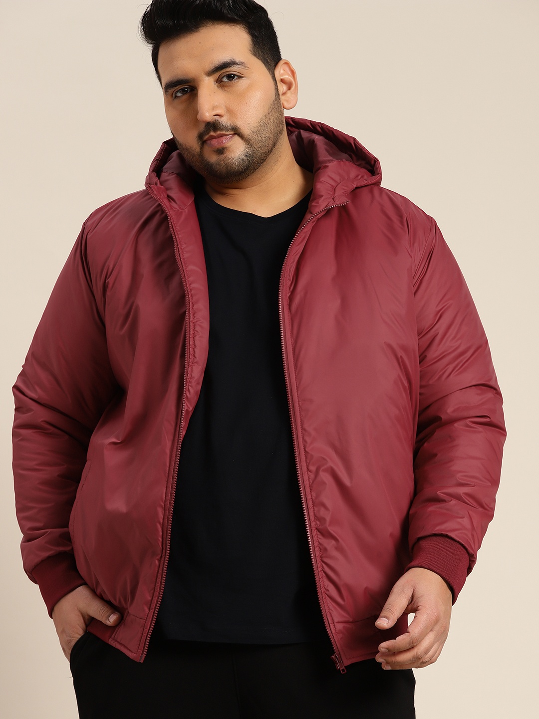 

Sztori Men Plus Size Maroon Solid Hooded Padded Jacket