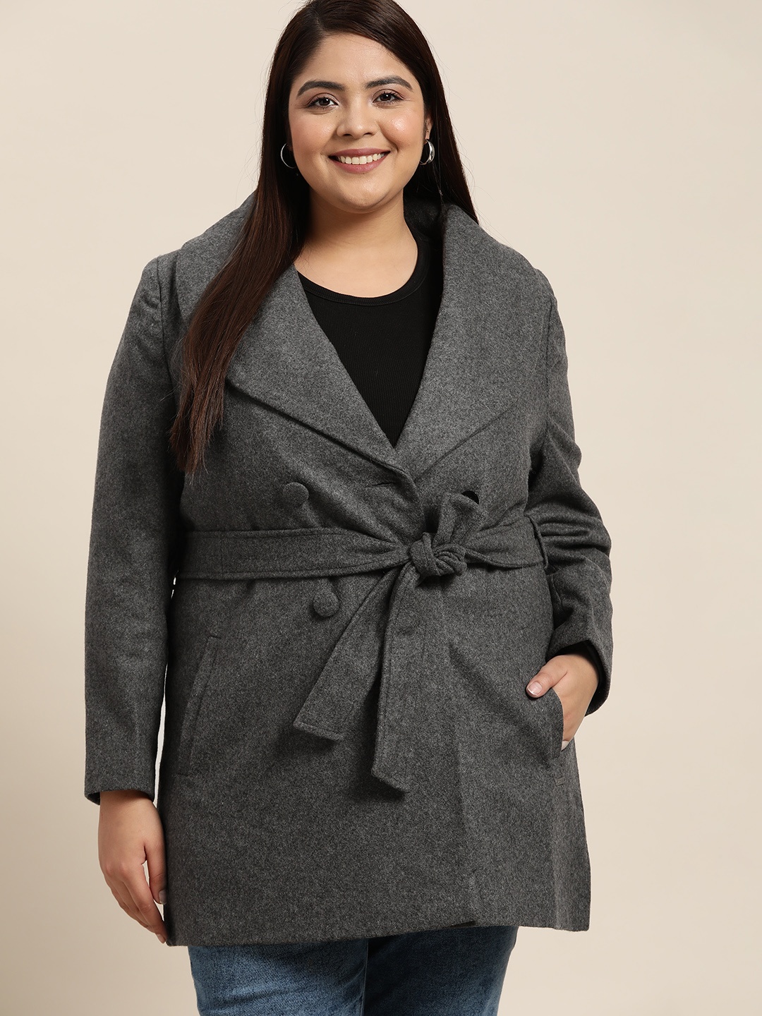

Sztori Women Plus Size Charcoal Grey Solid Overcoat with Belt