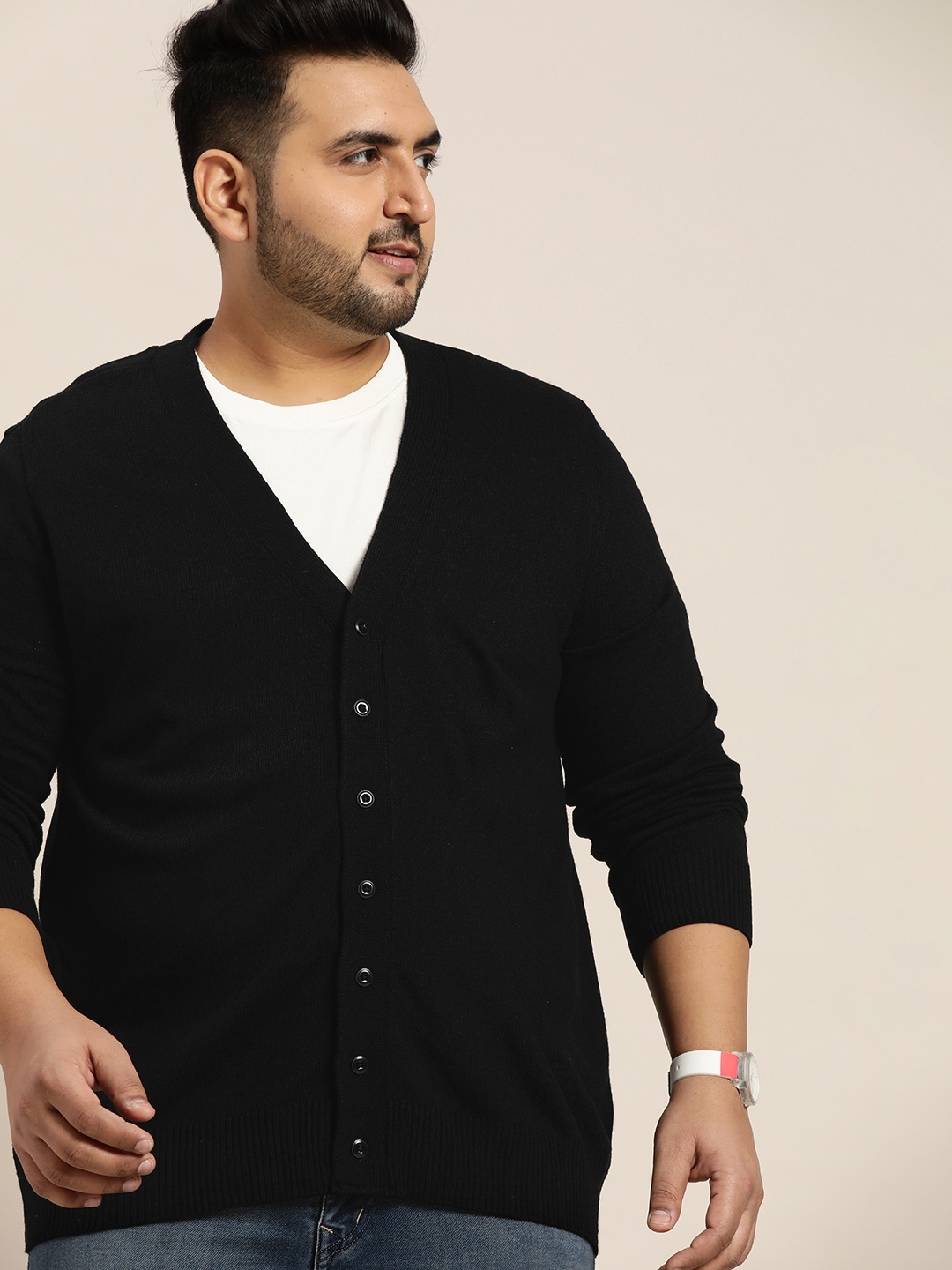 

Sztori Men Plus Size Black Solid Cardigan