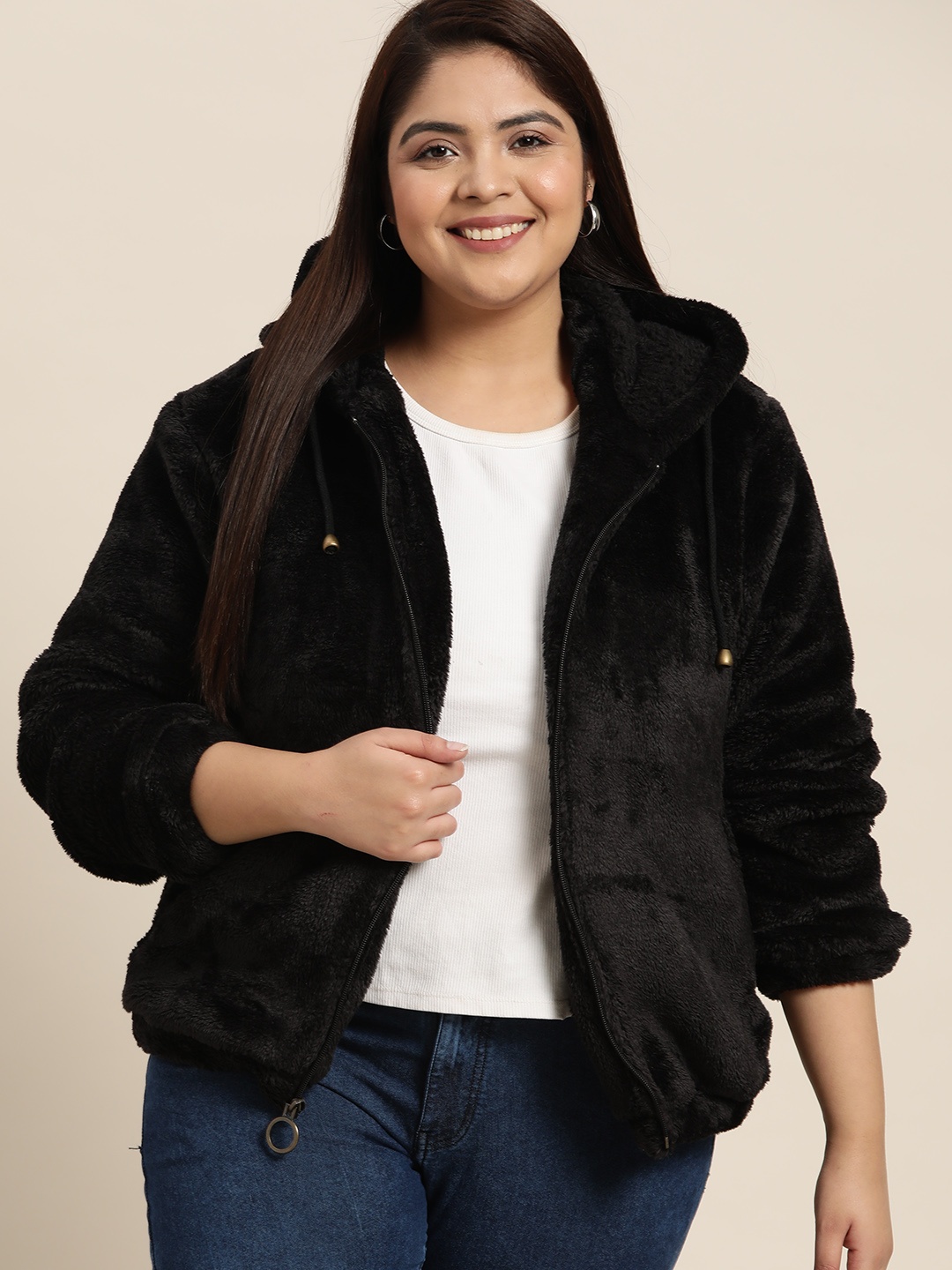 

Sztori Women Plus Size Black Solid Faux Fur Hooded Tailored Jacket