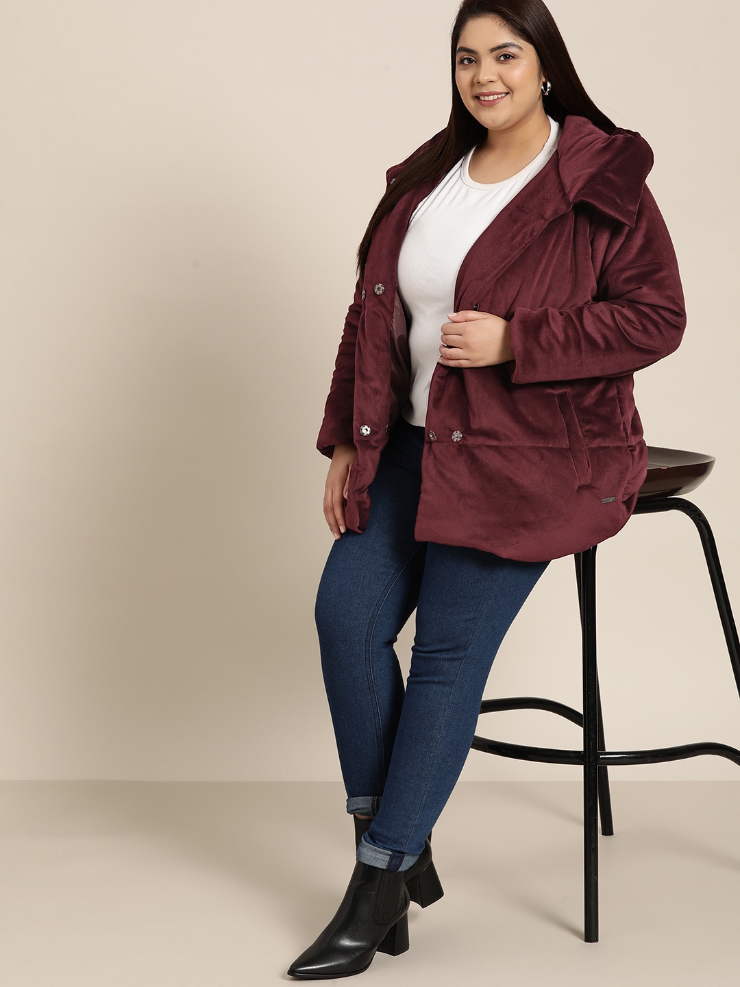 

Sztori Women Plus Size Burgundy Longline Padded Jacket