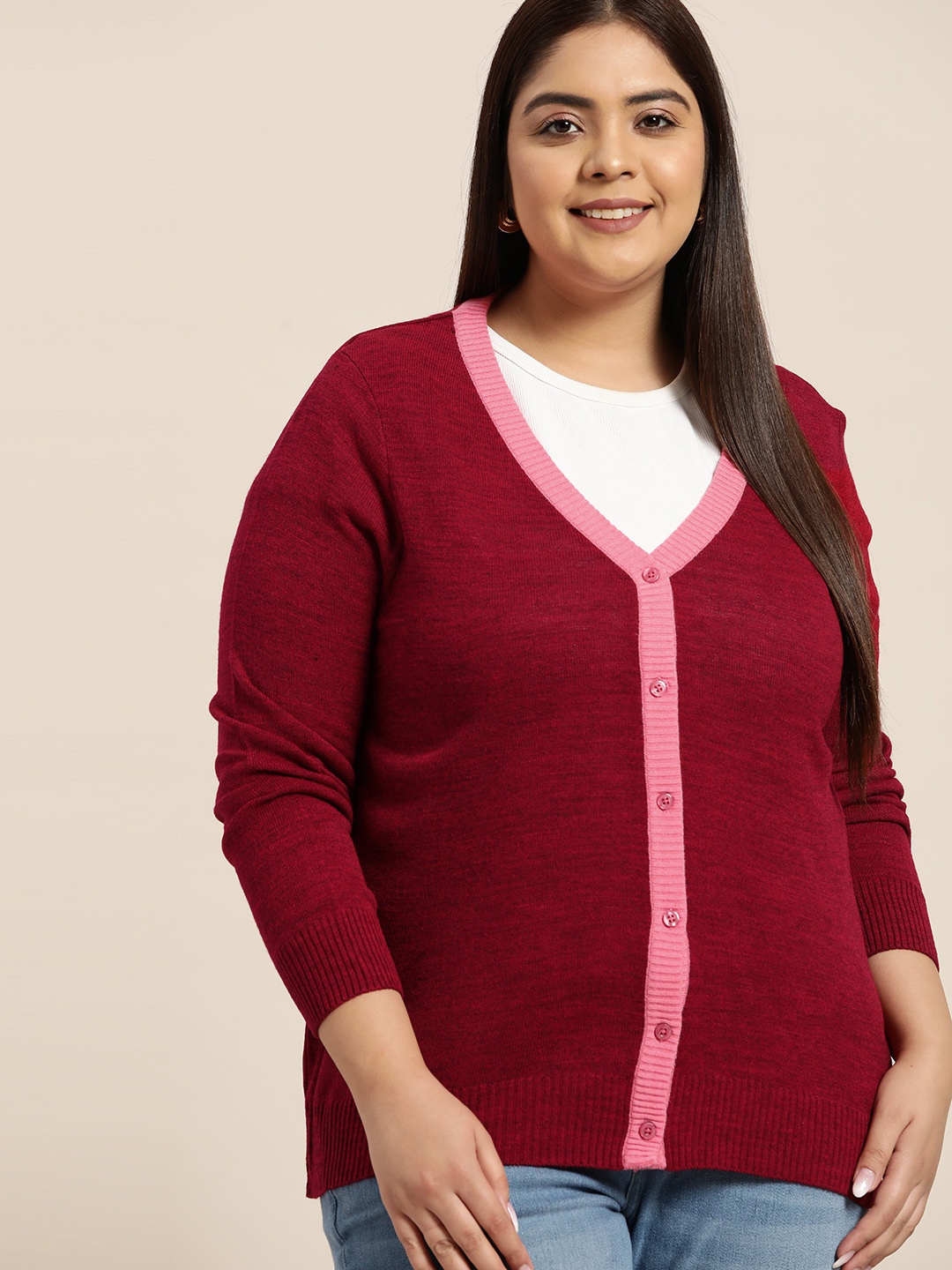 

Sztori Women Plus Size Red Solid V-Neck Cardigan