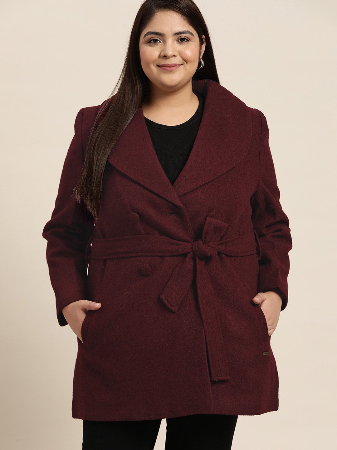 

Sztori Women Plus Size Burgundy Solid Double-Breasted Longline Overcoat With Tie-Up Belt