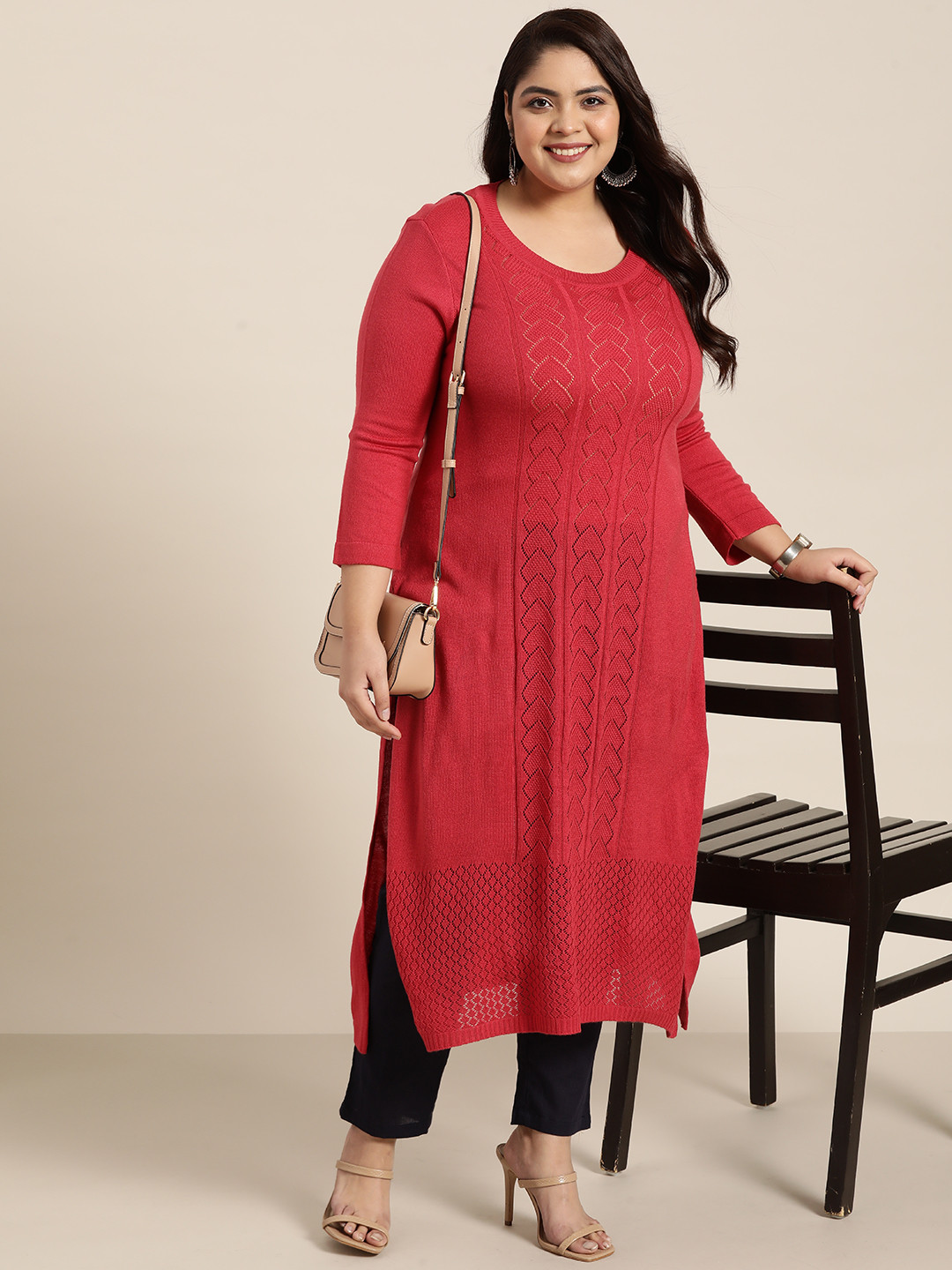 

Sztori Women Plus Size Red Self Design Knitted Winter Kurta