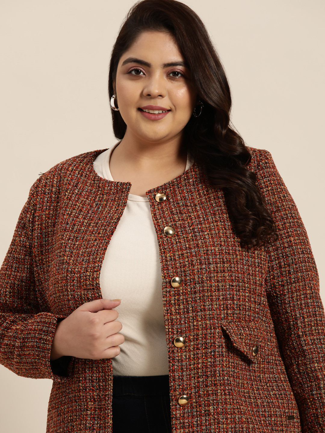 

Sztori Women Plus Size Orange & Off White Checked Single-Breasted Tweet Blazer