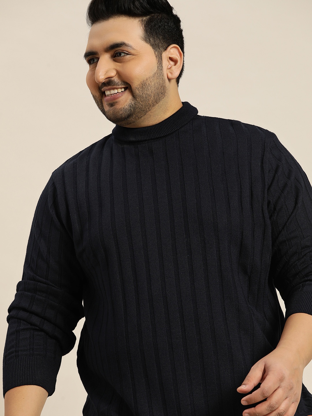 

Sztori Men Plus Size Navy Blue Self-Striped Acrylic Sweater