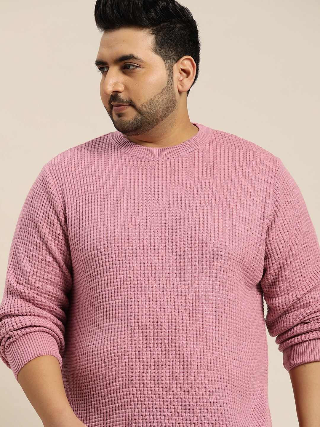 

Sztori Men Plus Size Pink Pure Acrylic Self-Design Pullover