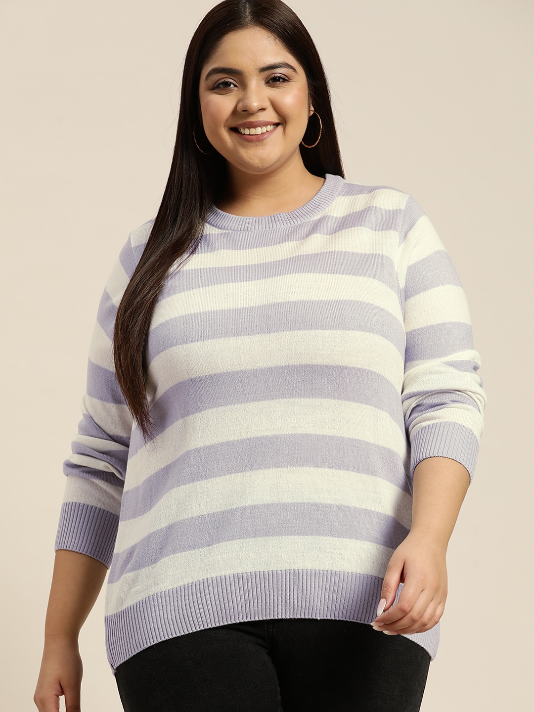 

Sztori Women Plus Size White & Lavender Striped Striped Sweater