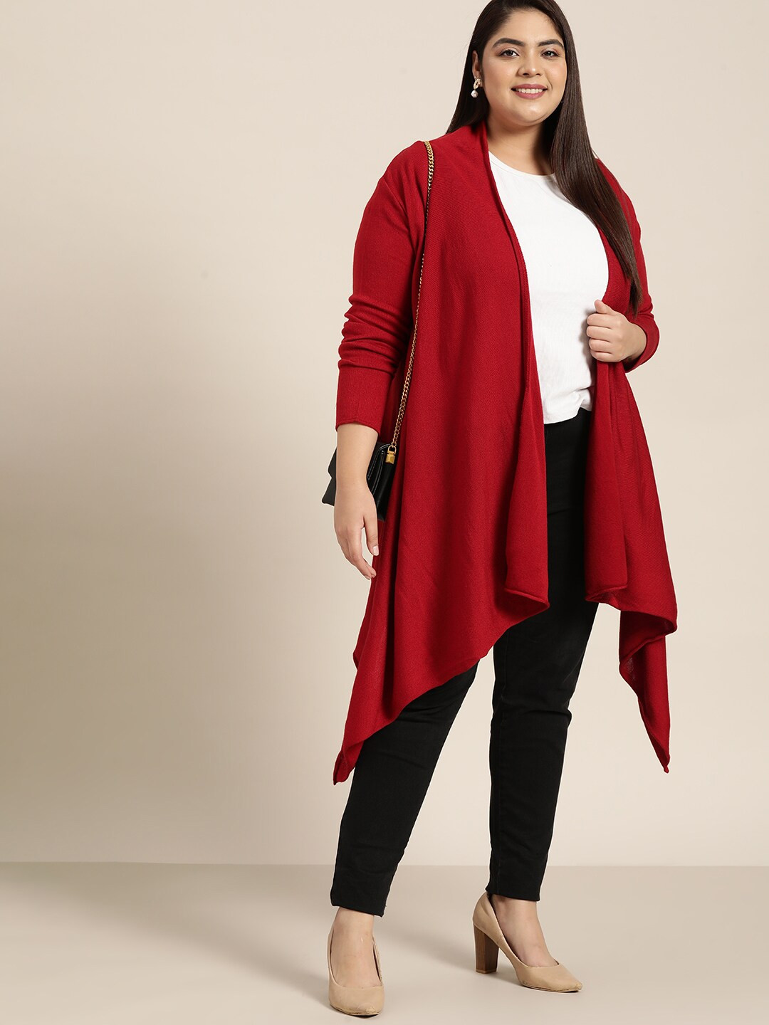 

Sztori Women Plus Size Red Longline Waterfall Acrylic Shrug