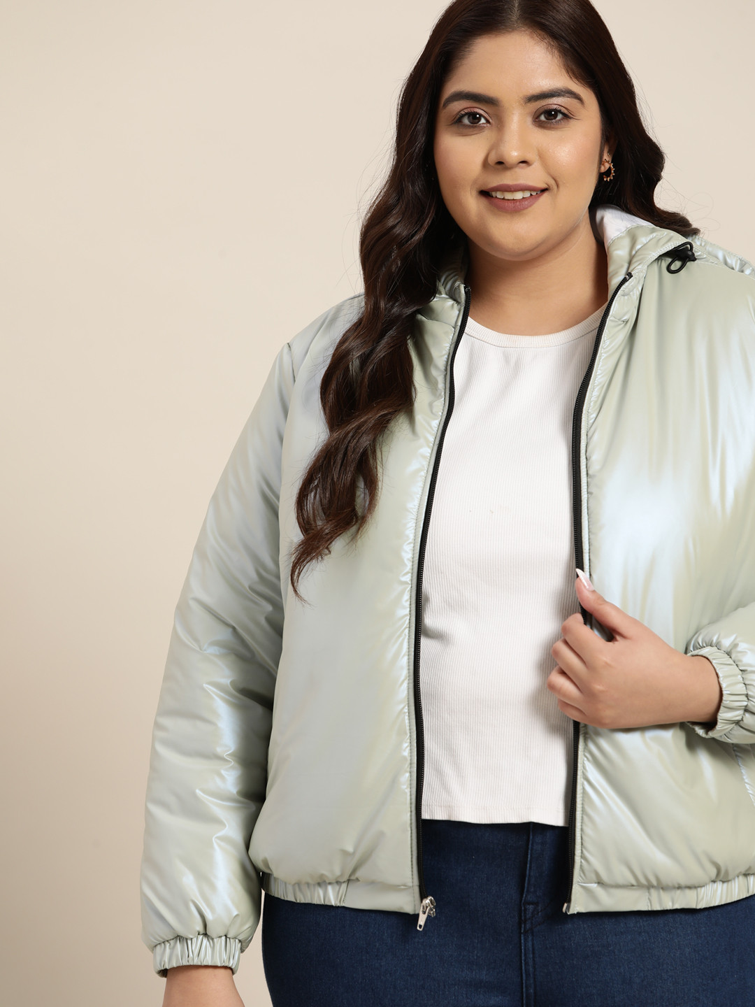 

Sztori Plus Size Women Blue Solid Padded Jacket