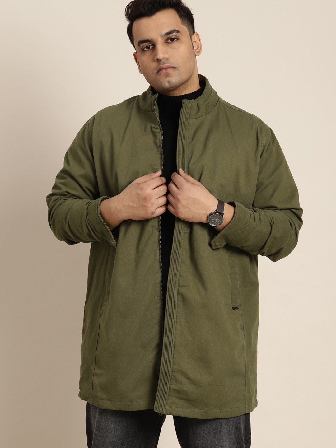 

Sztori Men Plus Size Longline Tailored Jacket, Olive