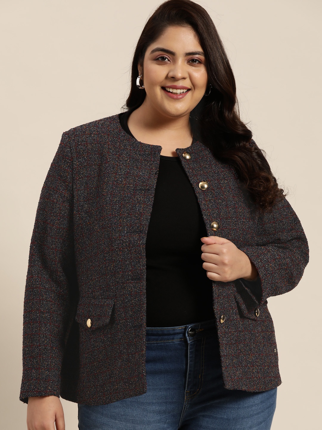 

Sztori Women Plus Size Navy Blue & Maroon Checked Single-Breasted Tweet Blazer