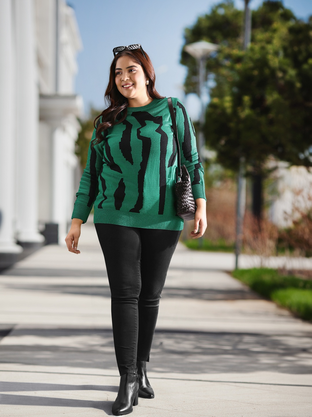 

Sztori Women Plus Size Green & Black Self Design Pullover