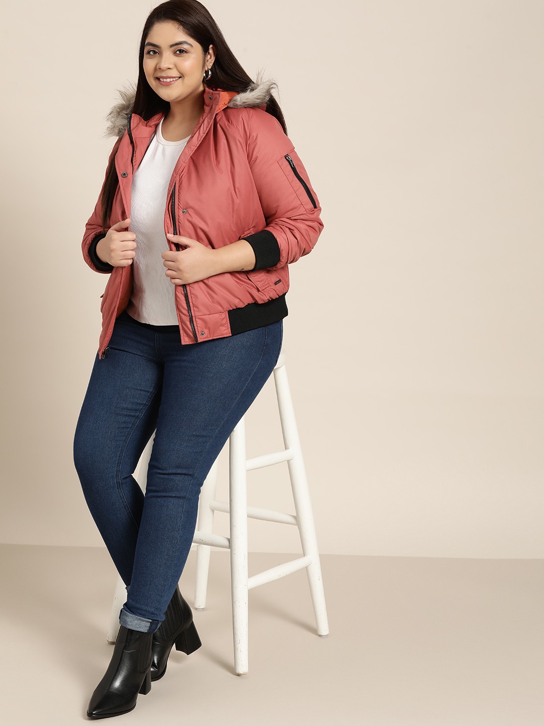 

Sztori Women Plus Size Coral Red Solid Parka Jacket