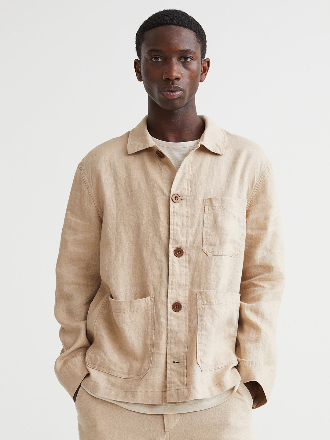 

H&M Men Beige Regular Fit Linen Overshirt
