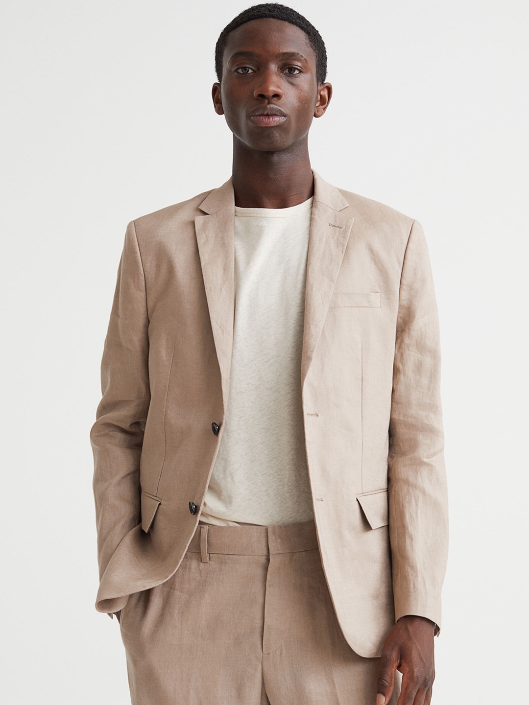 

H&M Men Beige Linen Jacket Slim Fit