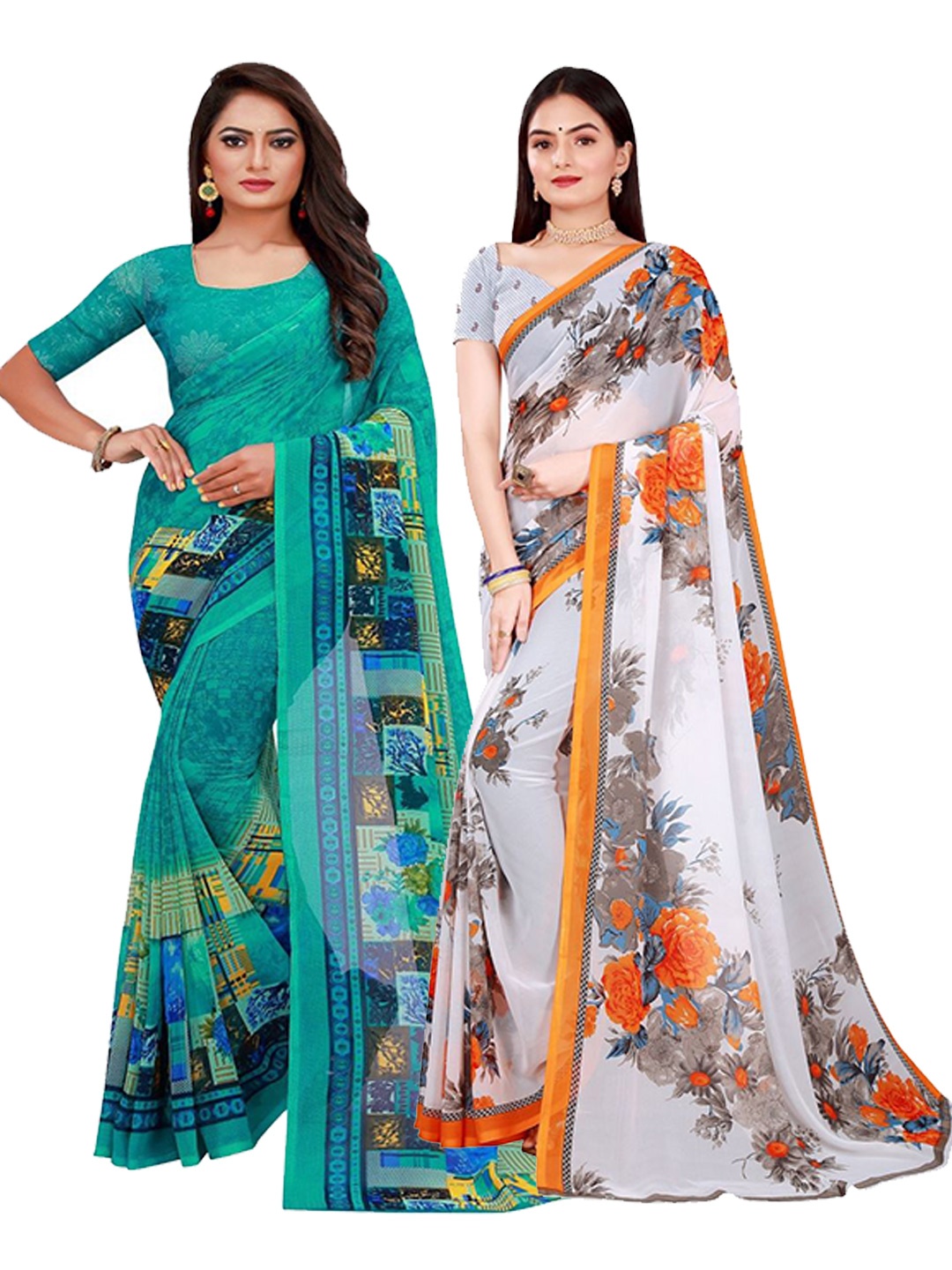 

SAADHVI Pack of 2 Printed Pure Georgette Saree, Green