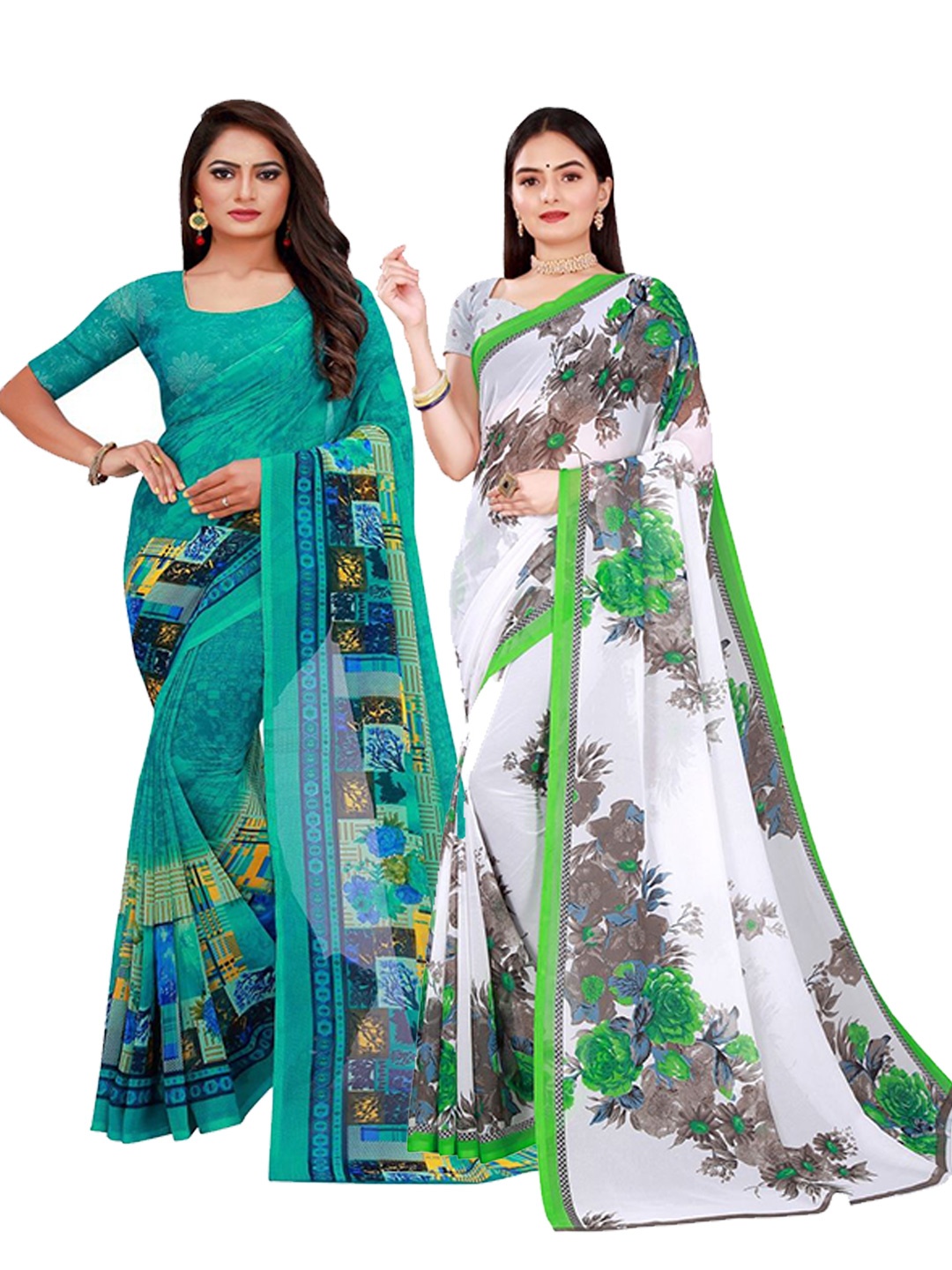 

SAADHVI Pack of 2 Green & Grey Pure Georgette Saree