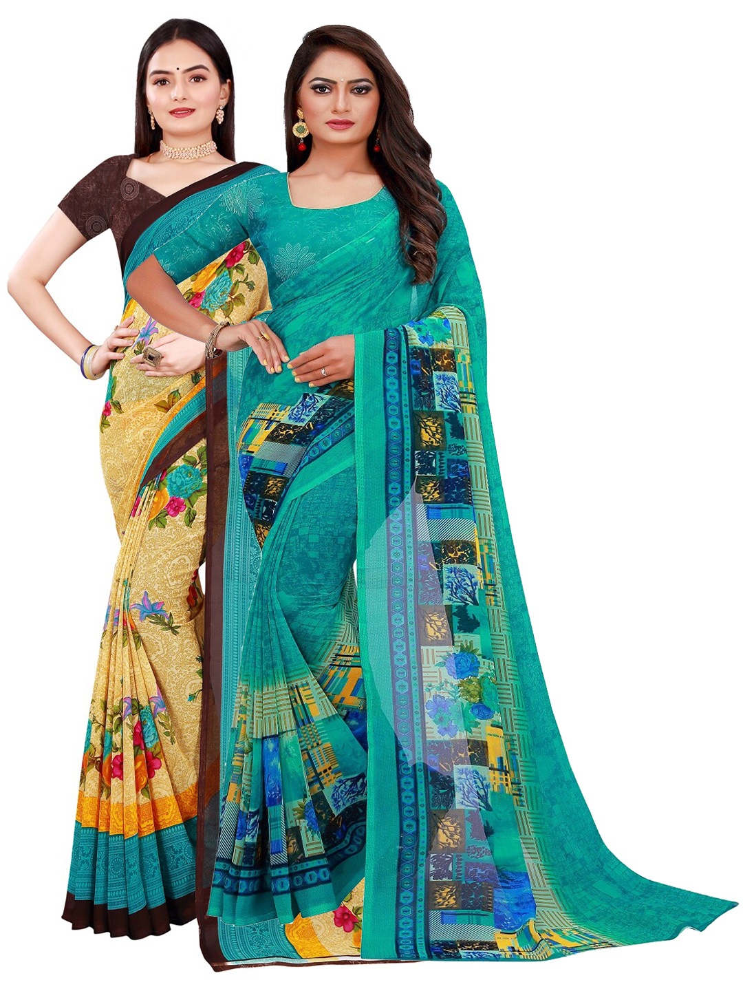 

SAADHVI Pack of 2 Printed Pure Georgette Saree, Green