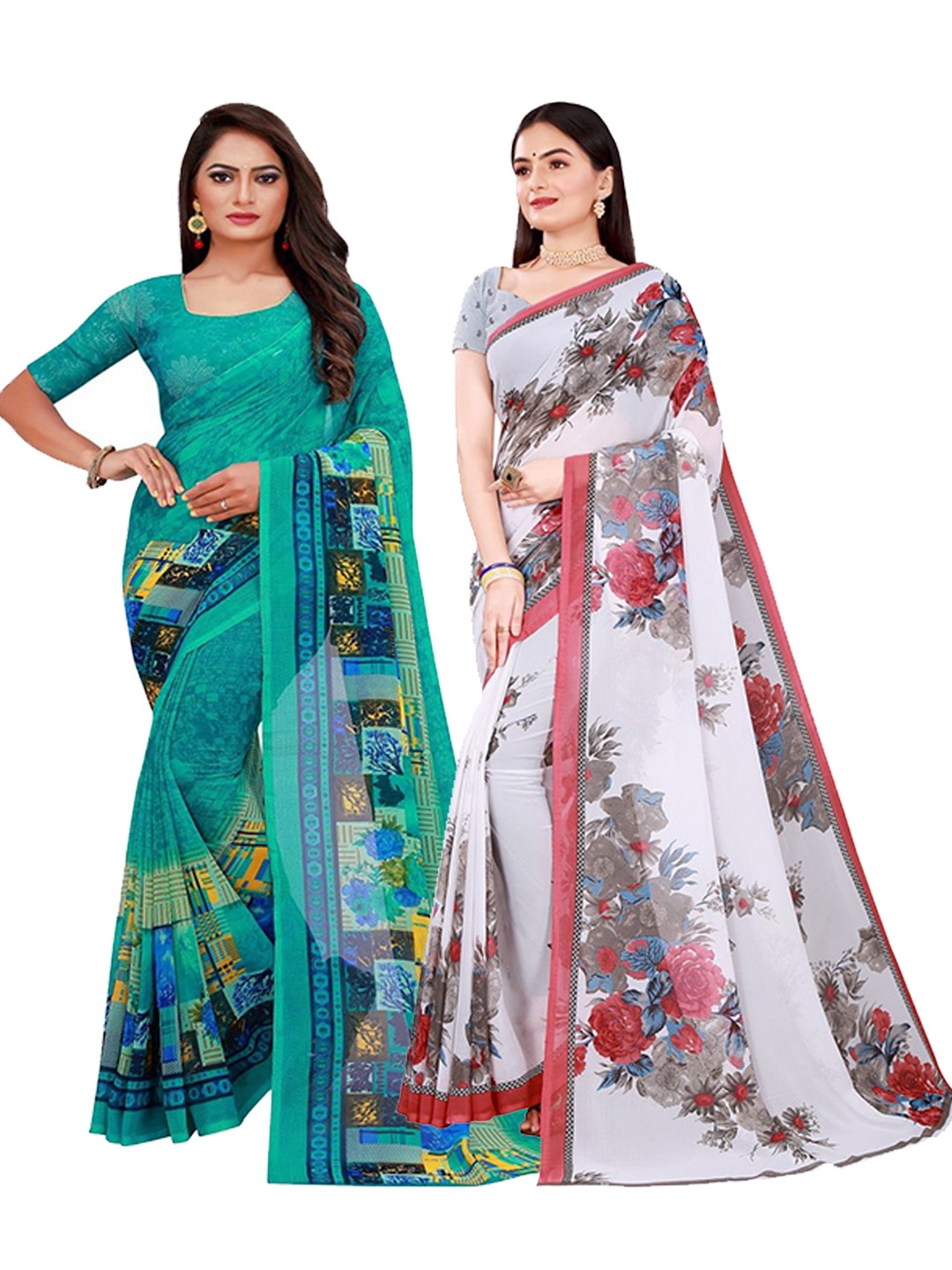 

SAADHVI Pack of 2 Printed Pure Georgette Saree, Green