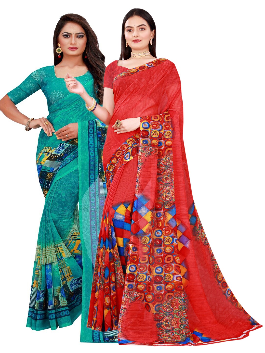 

SAADHVI Pack of 2 Green & Red Pure Georgette Saree
